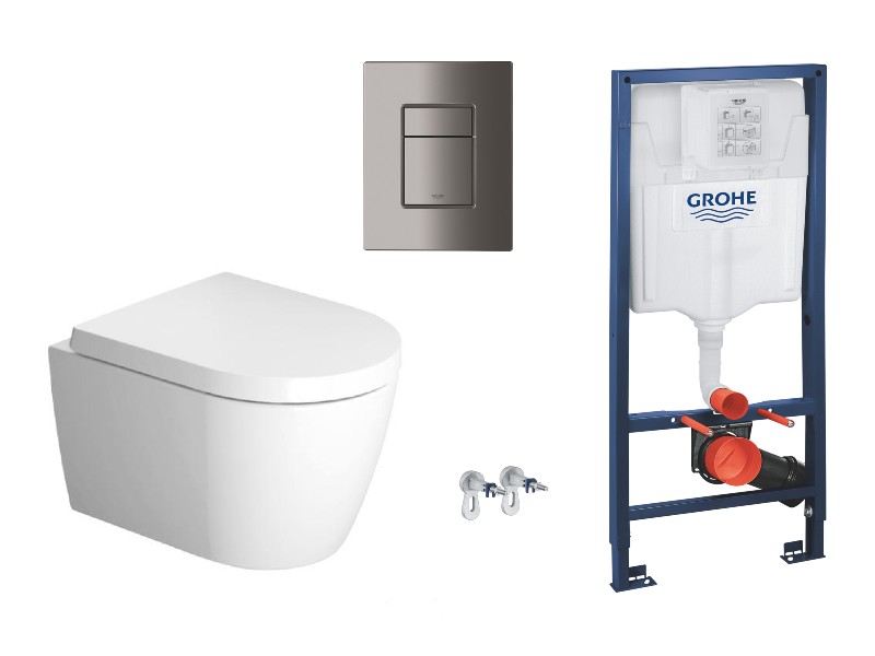 Duravit  Pachet wc suspendat duravit me by starck, rimless, softclose, cadru grohe, clapeta grafit lucios, alb, 45300900a1-5st
