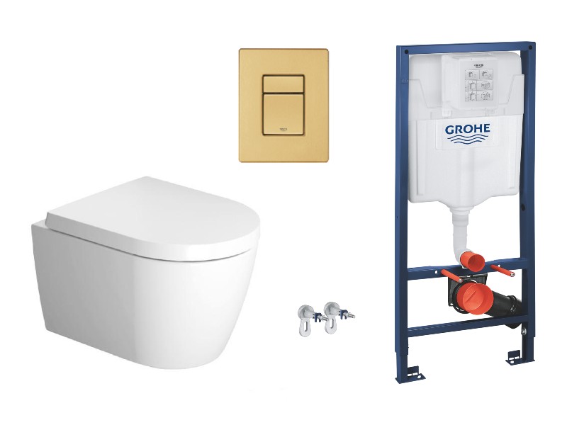 Duravit  Pachet wc suspendat duravit me by starck, rimless, softclose, cadru grohe, clapeta auriu mat, alb, 45300900a1-9st