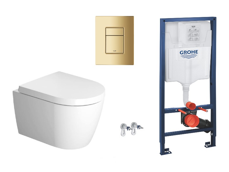 Duravit  Pachet wc suspendat duravit me by starck, rimless, softclose, cadru grohe, clapeta auriu lucios, alb, 45300900a1-10st