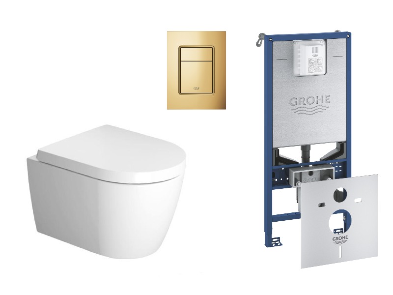 Duravit  Pachet wc suspendat duravit me by starck, rimless, softclose, cadru grohe slx, clapeta auriu lucios, alb,
