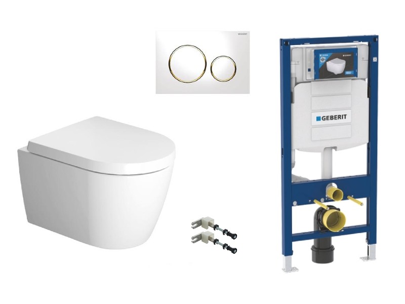 Duravit  Pachet wc suspendat duravit me by starck, rimless, softclose, cadru geberit sigma, clapeta alb/auriu, alb,