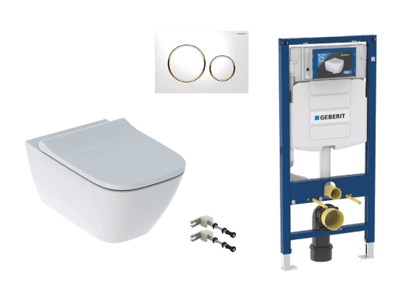Geberit  Pachet wc suspendat geberit smyle square, rimless, softclose, cadru geberit sigma, clapeta alb/auriu, alb,