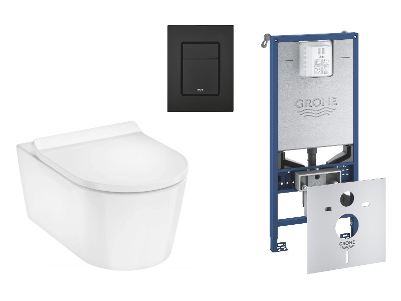 Hansgrohe Pachet wc suspendat hansgrohe elupura s, rimless, softclose, cadru grohe slx, clapeta negru mat, alb, 62025450-4st