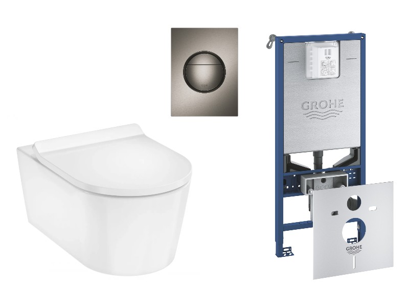 Hansgrohe Pachet wc suspendat hansgrohe elupura s, rimless, softclose, cadru grohe slx, clapeta grafit mat, alb, 62025450-8st
