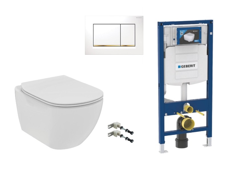 Ideal Standard Pachet wc suspendat ideal standard tesi, rimless, softclose, cadru geberit sigma, clapeta alb/auriu, alb,