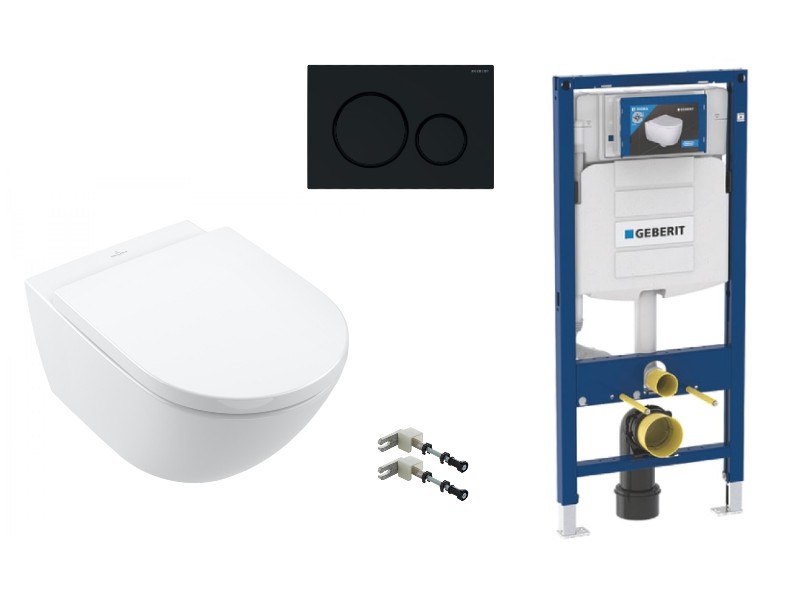 Villeroy and Boch Pachet wc suspendat villeroy and boch subway 3, rimless, softclose, cadru geberit, clapeta negru lucios, alb,