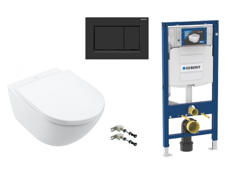 Villeroy and Boch Pachet wc suspendat villeroy and boch subway 3, rimless, softclose, cadru geberit sigma, clapeta negru lucios,