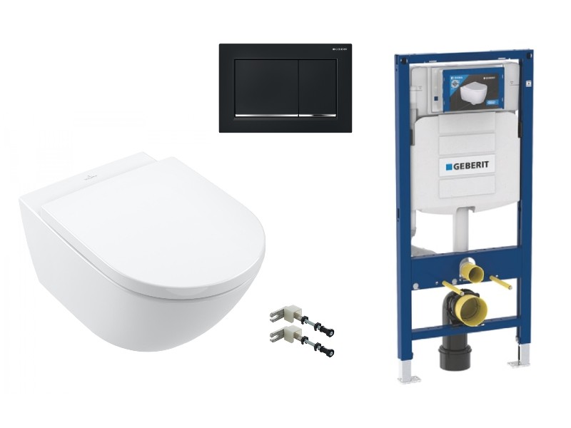 Villeroy and Boch Pachet wc suspendat villeroy and boch subway 3, rimless, softclose, cadru geberit sigma, clapeta negru lucios,