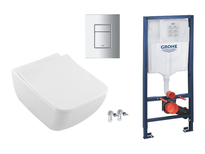 Villeroy and Boch Pachet wc suspendat villeroy and boch venticello, rimless, softclose, cadru grohe, clapeta crom lucios, alb,