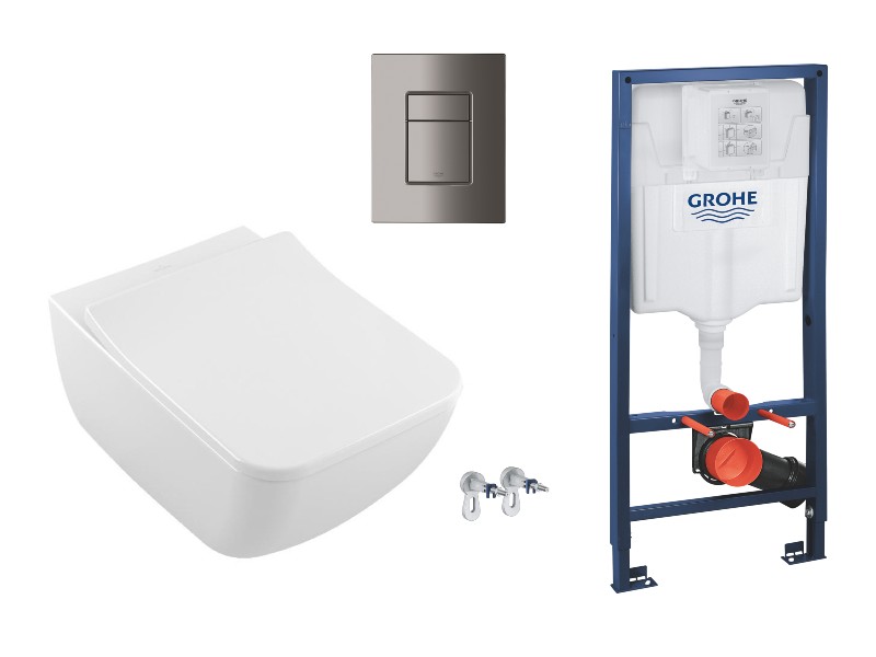 Villeroy and Boch Pachet wc suspendat villeroy and boch venticello, rimless, softclose, cadru grohe, clapeta lucios grafit, alb,