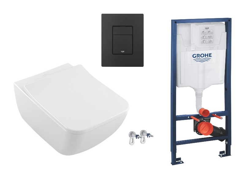 Villeroy and Boch Pachet wc suspendat villeroy and boch venticello, rimless, softclose, cadru grohe, clapeta negru mat, alb,