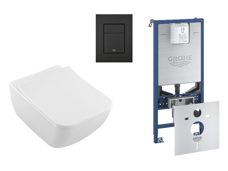 Villeroy and Boch Pachet wc suspendat villeroy and boch venticello, rimless, softclose, cadru grohe rlx, clapeta negru mat, alb,