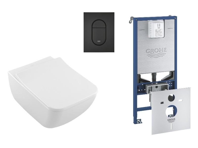 Villeroy and Boch Pachet wc suspendat villeroy and boch venticello, rimless, softclose, cadru grohe rlx, clapeta negru mat, alb,