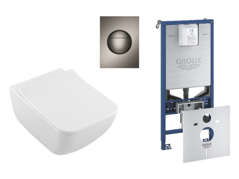 Villeroy and Boch Pachet wc suspendat villeroy and boch venticello, rimless, softclose, cadru grohe rlx, clapeta grafit mat, alb,