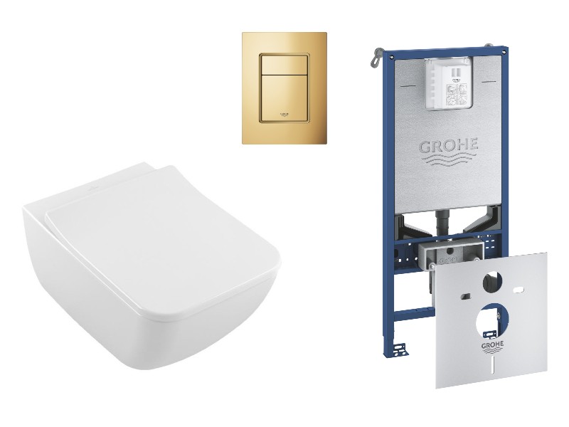 Villeroy and Boch Pachet wc suspendat villeroy and boch venticello, rimless, softclose, cadru grohe rlx, clapeta auriu lucios,