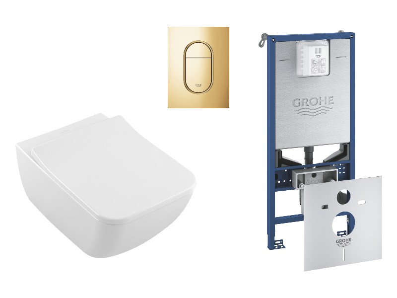 Villeroy and Boch Pachet wc suspendat villeroy and boch venticello, rimless, softclose, cadru grohe rlx, clapeta auriu lucios,