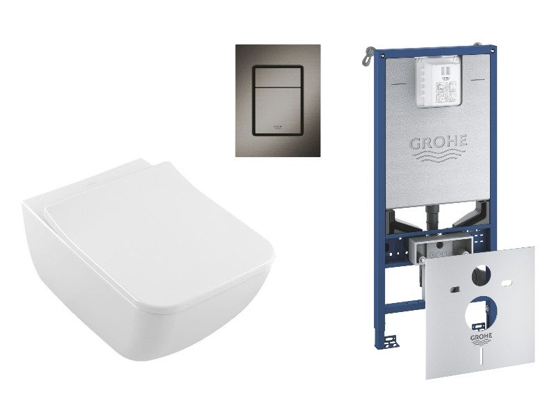 Villeroy and Boch Pachet wc suspendat villeroy and boch venticello, rimless, softclose, cadru grohe rlx, clapeta grafit mat, alb,