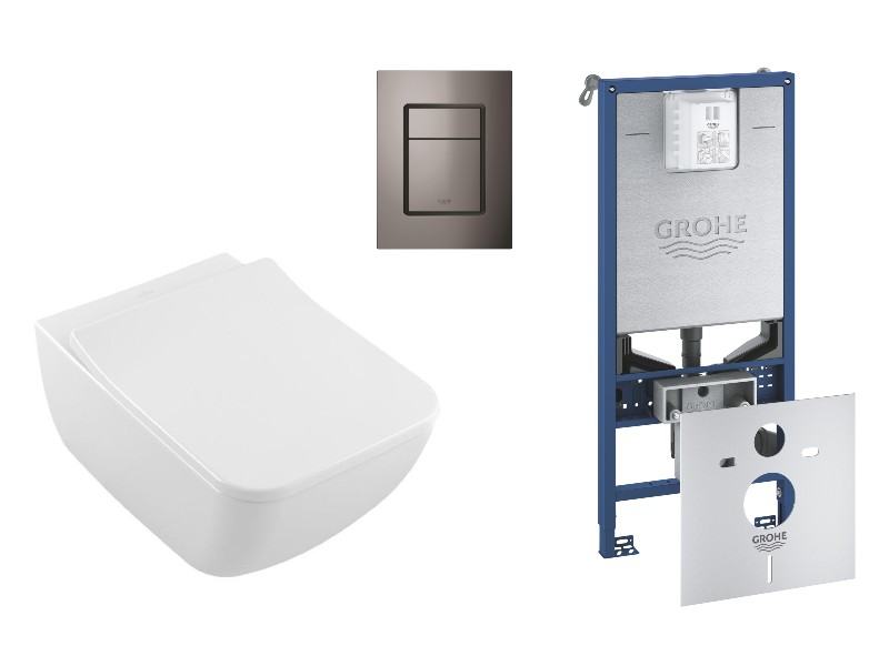 Villeroy and Boch Pachet wc suspendat villeroy and boch venticello, rimless, softclose, cadru grohe rlx, clapeta grafit lucios,