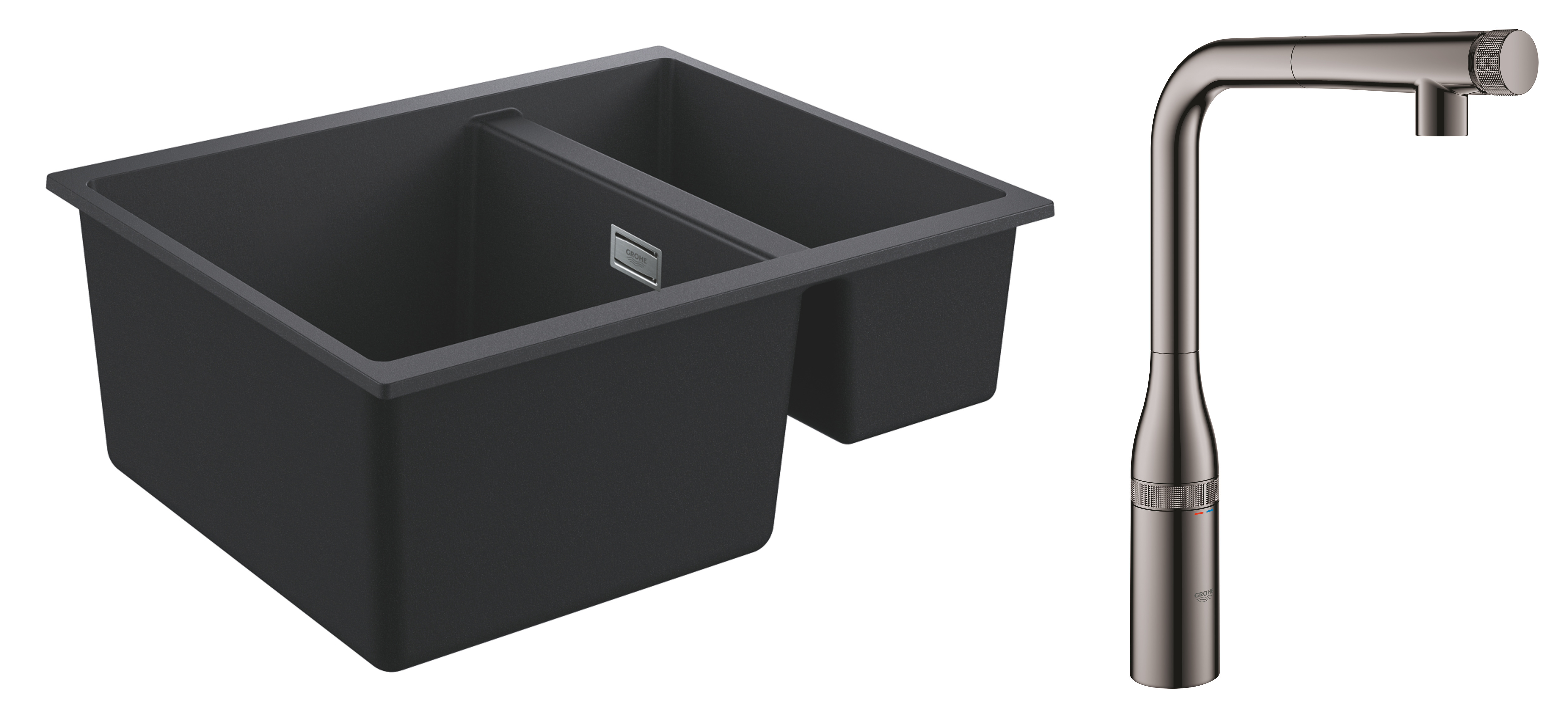 Grohe Pachet chiuveta grohe quartz k500 31648ap0, 555 x 460 mm, pe blat + baterie 31615a00, 3/8'', inalta, tip l, dus, negru /