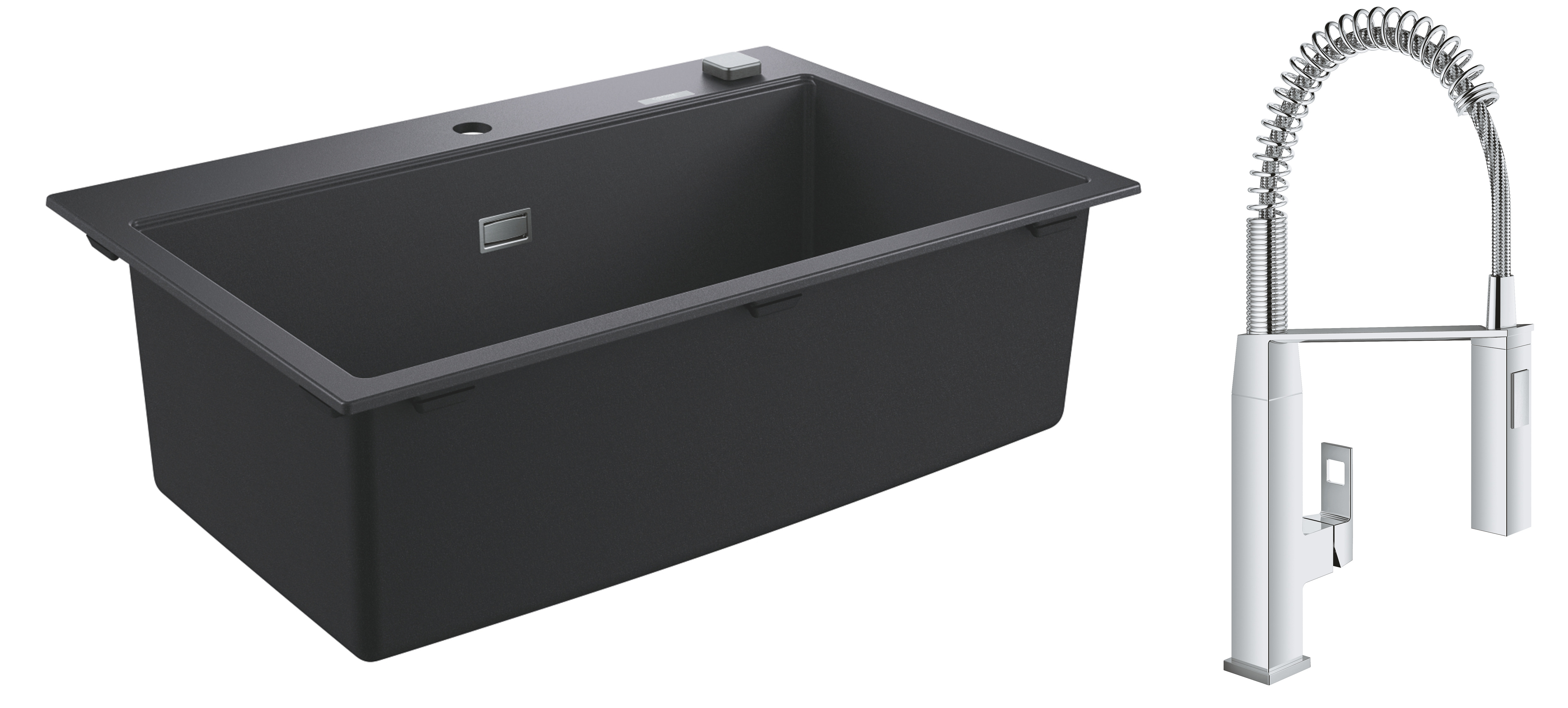 Grohe Pachet chiuveta grohe quartz k700 31652ap0, 780 x 510 mm, pe blat + 31395000, 3/8'', inalta, tip c, dus, negru/crom