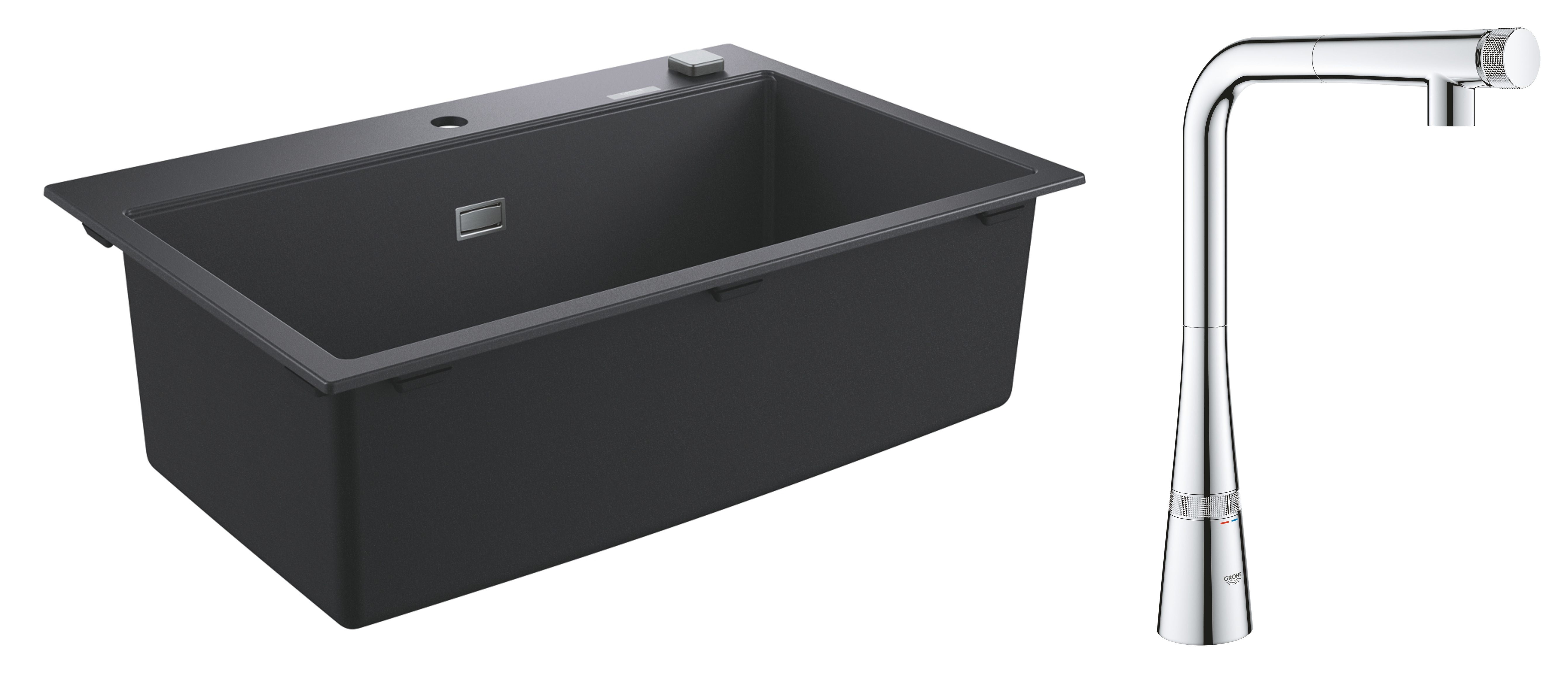 Grohe Pachet chiuveta grohe quartz k700 31652ap0, 780 x 510 mm, pe blat + 3159300, inalta, tip l, dus, negru/crom