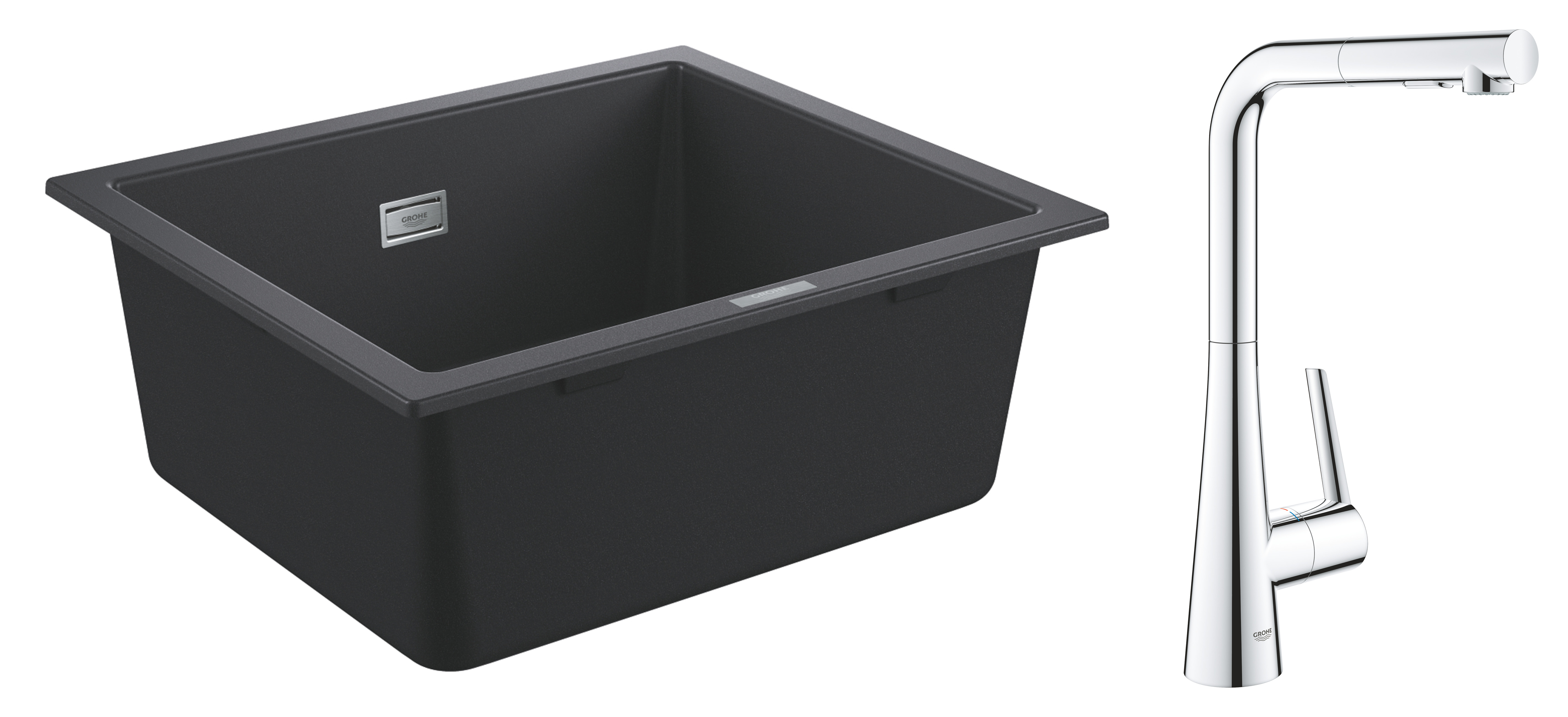 Grohe Pachet chiuveta grohe quartz k700u 31654ap0, 533 x 457 mm, sub blat + baterie 32553002, inalta, tip l, dus, negru/crom