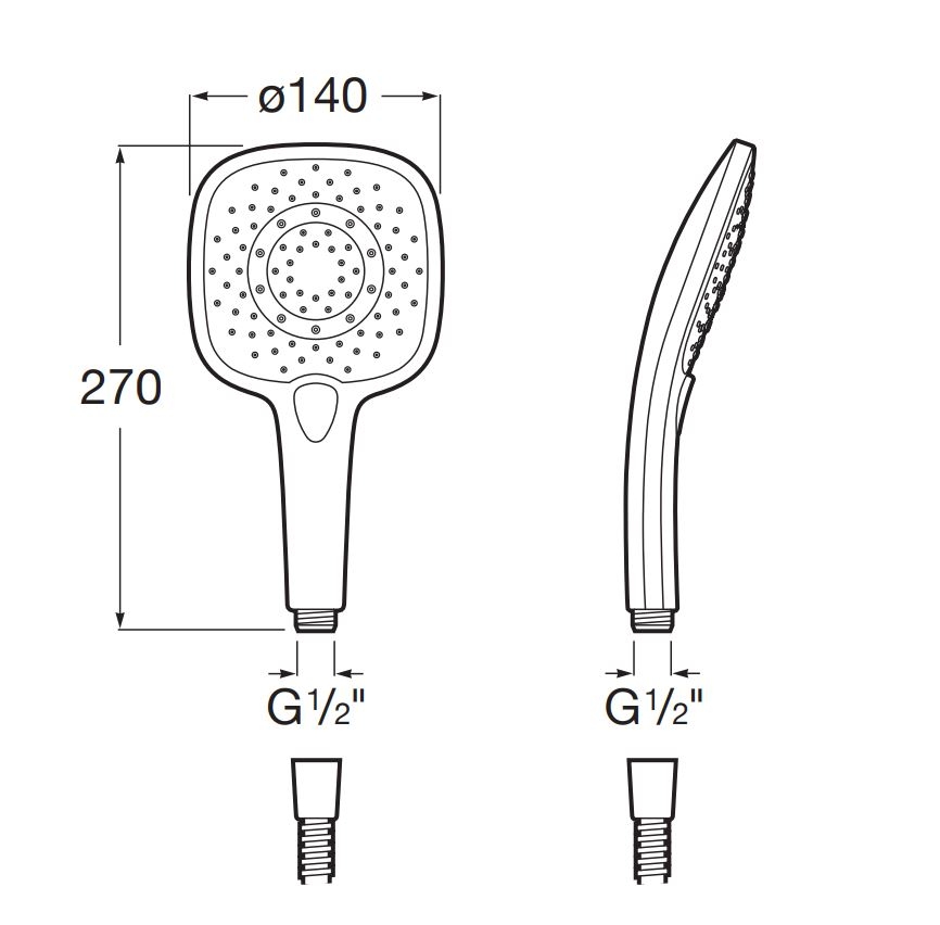Para dus Roca A5B1110C00, 140 mm, 270 mm, 3 functii, 1/2 racord, sistem anticalcar, universal, abs, Crom