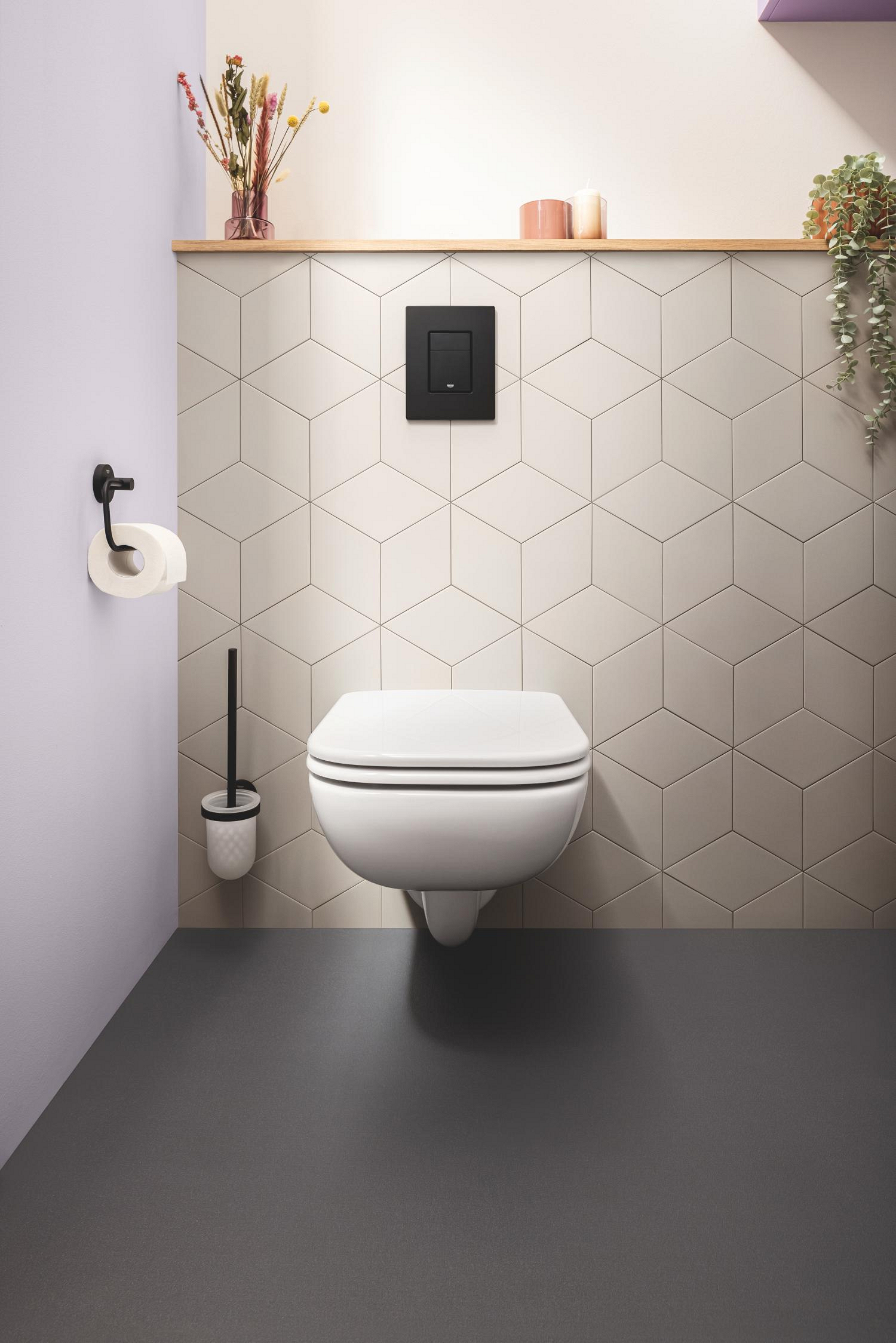 Perie WC Grohe 411852430, 398 mm, 121 mm, 2 orificii instalare, pe perete, sticla, metal, elemente fixare ascunse, Negru