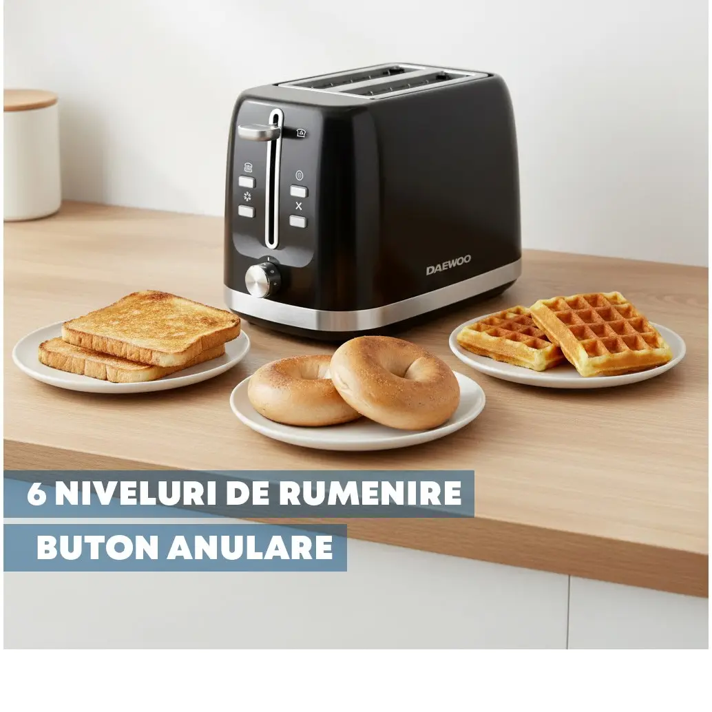 Prajitor de paine Daewoo DBT280B, 800 W, 6 trepte, 2 felii, functie decongelare, mecanic, buton anulare, Negru