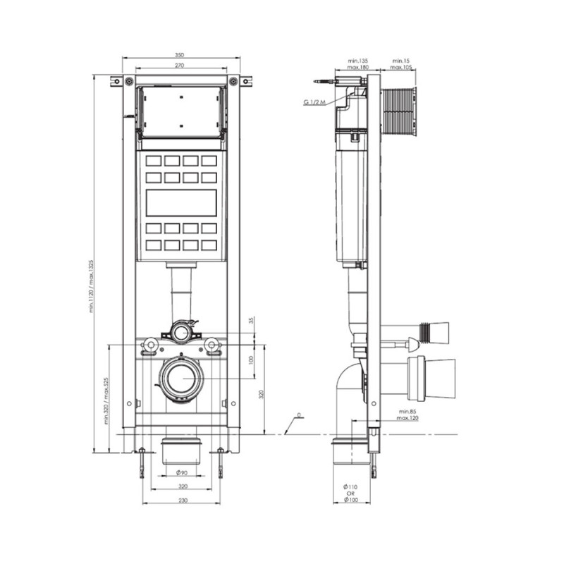 Rezervor WC Roca A89P40T010, 1150 mm, 350 mm, 110, 90 mm, 180, 230 mm, 2 moduri spalare, clapeta neagru mat