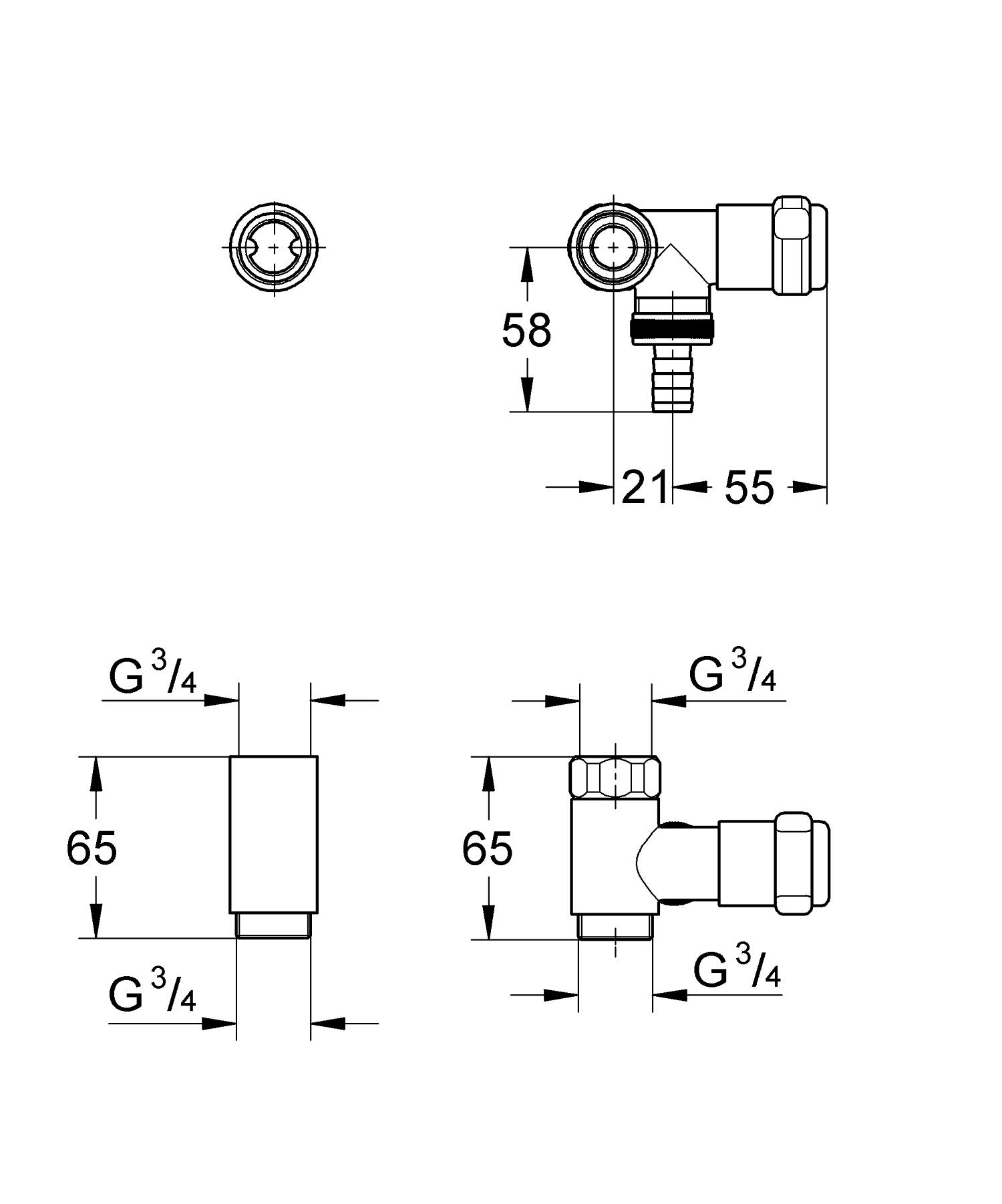 Robinet coltar Grohe 41043000, 55 mm, 65 mm, 2 nr iesiri, 3/4 diametru alimentare, 3/4 diametru iesire 1, Crom