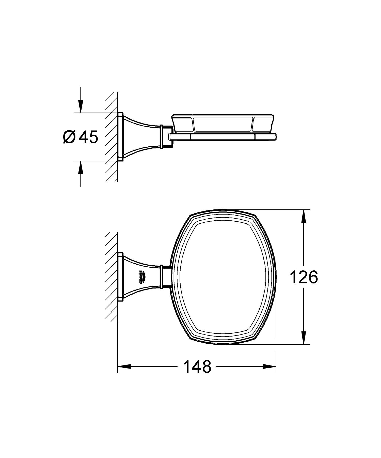 Savoniera Grohe 40628000, 126 mm, 2 orificii instalare, pe perete, portelan, metal, elemente fixare ascunse, Crom