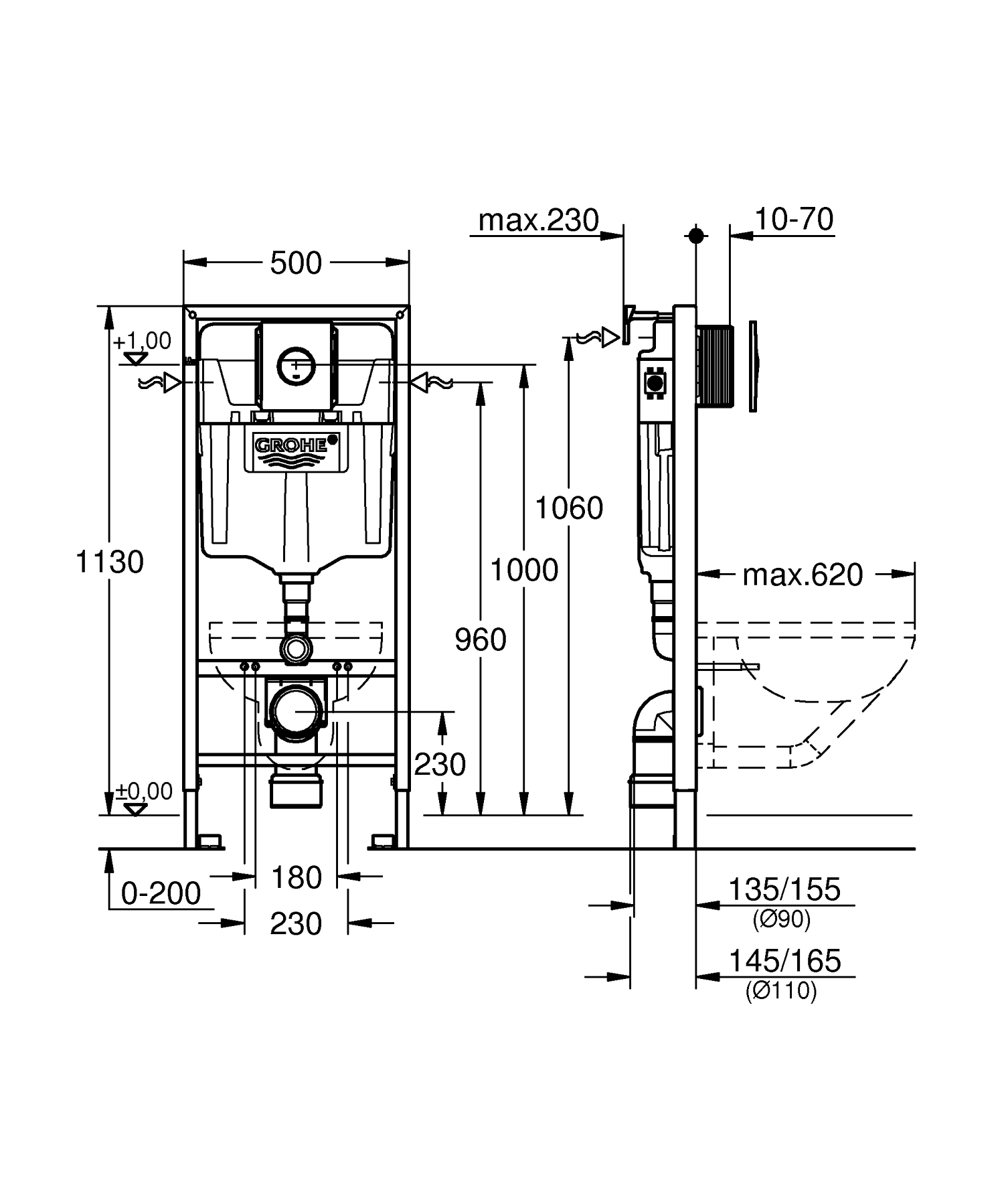 Set 3 in 1 rezervor WC Grohe 38860000, 1130 mm, 500 mm, 180, 233 mm, 2 moduri spalare, incastrat, ajustabil