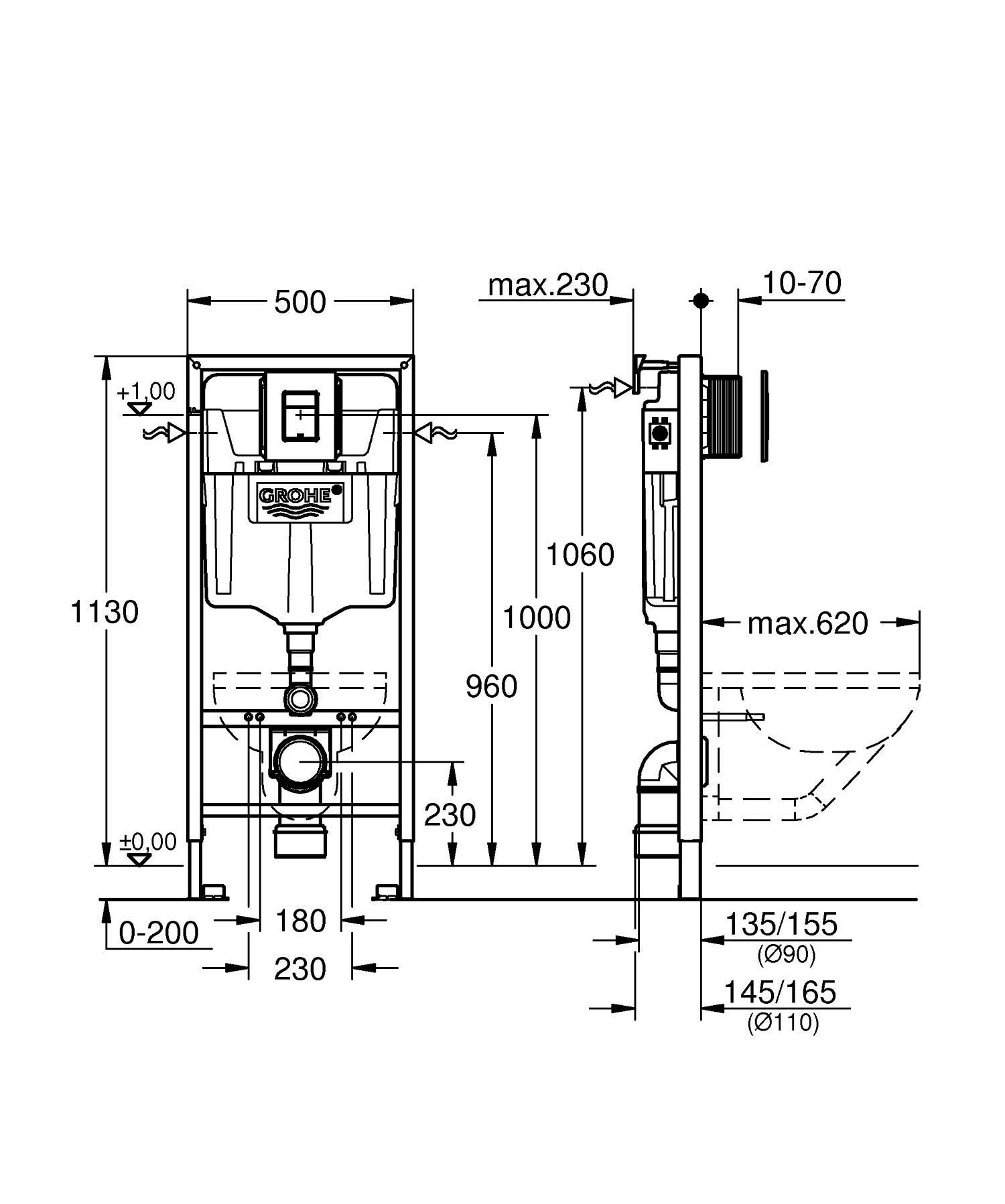 Set 3in1 cadru WC Grohe 388112430, 1130 mm, 500 mm, 90, 110 mm, 2 moduri spalare, incastrat, uscata, otel