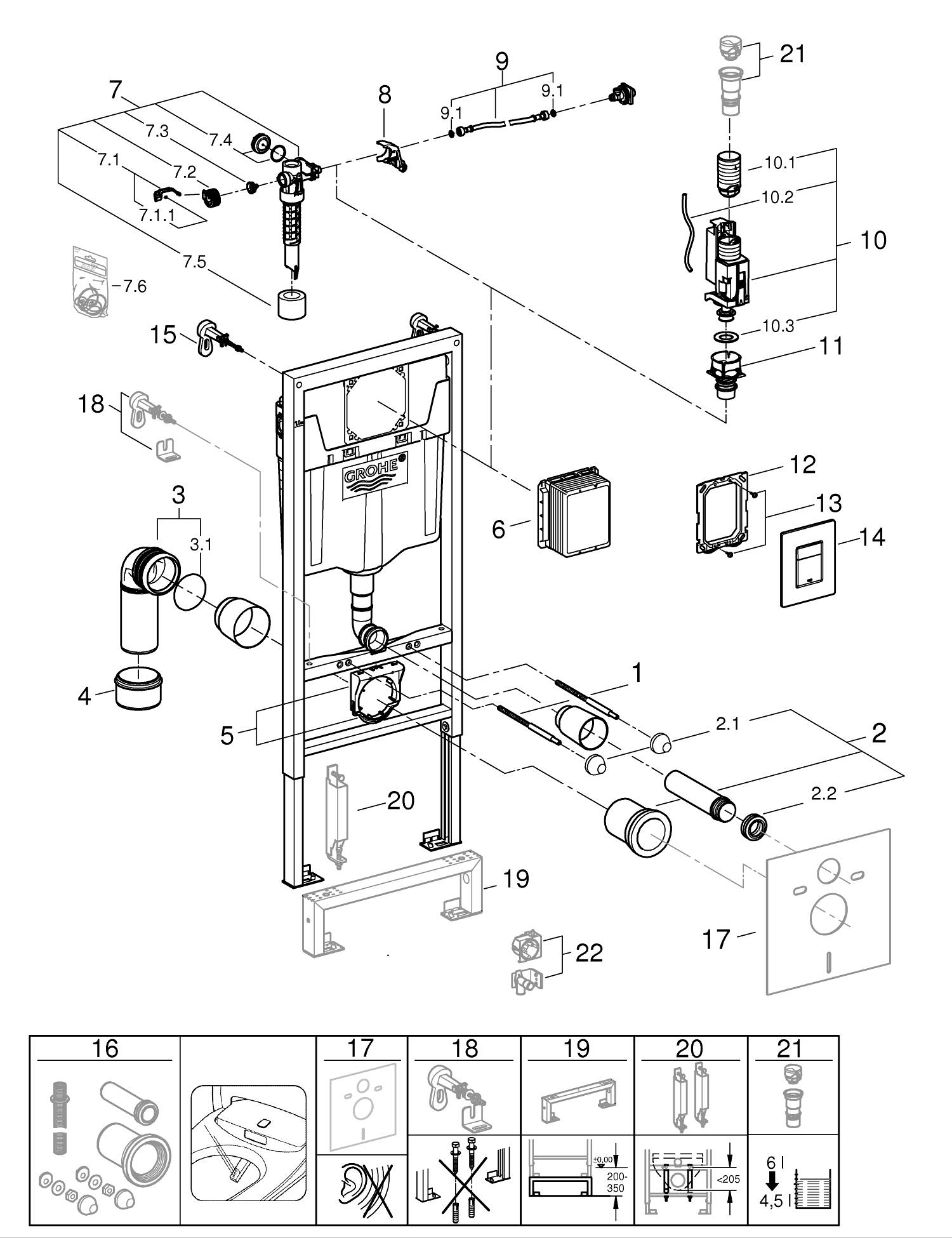 Set 3in1 cadru WC Grohe 388112430, 1130 mm, 500 mm, 90, 110 mm, 2 moduri spalare, incastrat, uscata, otel