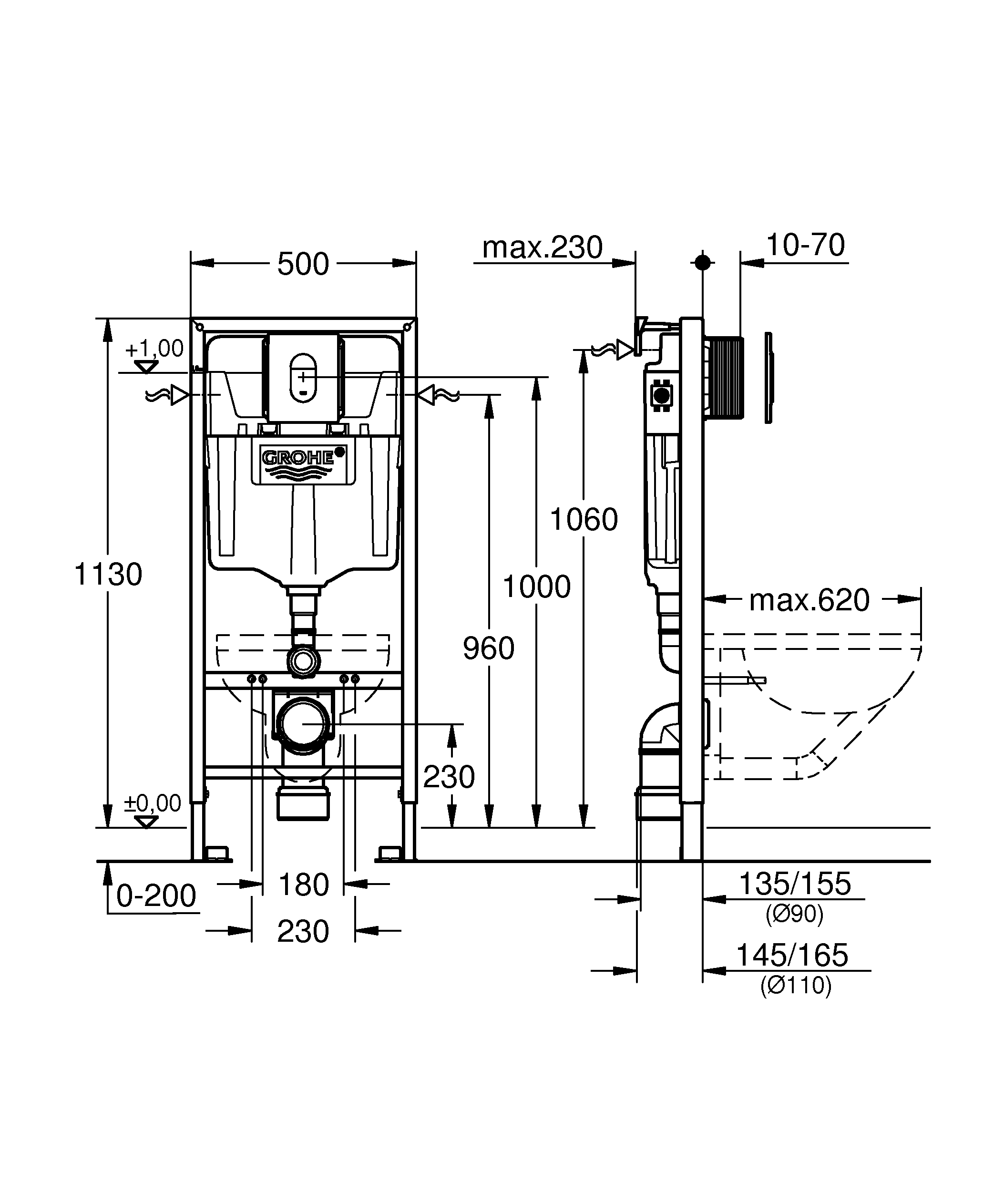 Set 4 in 1 rezervor WC Grohe 38929000, 1130 mm, 500 mm, 90, 110 mm, 180, 230 mm, 2 moduri spalare, antifonare