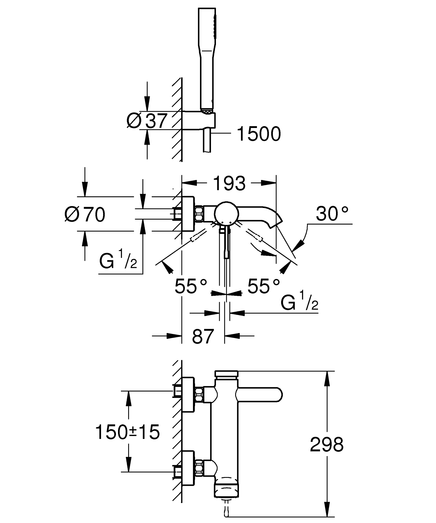 Set baterie cada Grohe 25249001, 1 bar, 36 mm, 1.5 m, 298 mm, 193 mm, 2 orificii instalare, 1 functii para dus, Crom