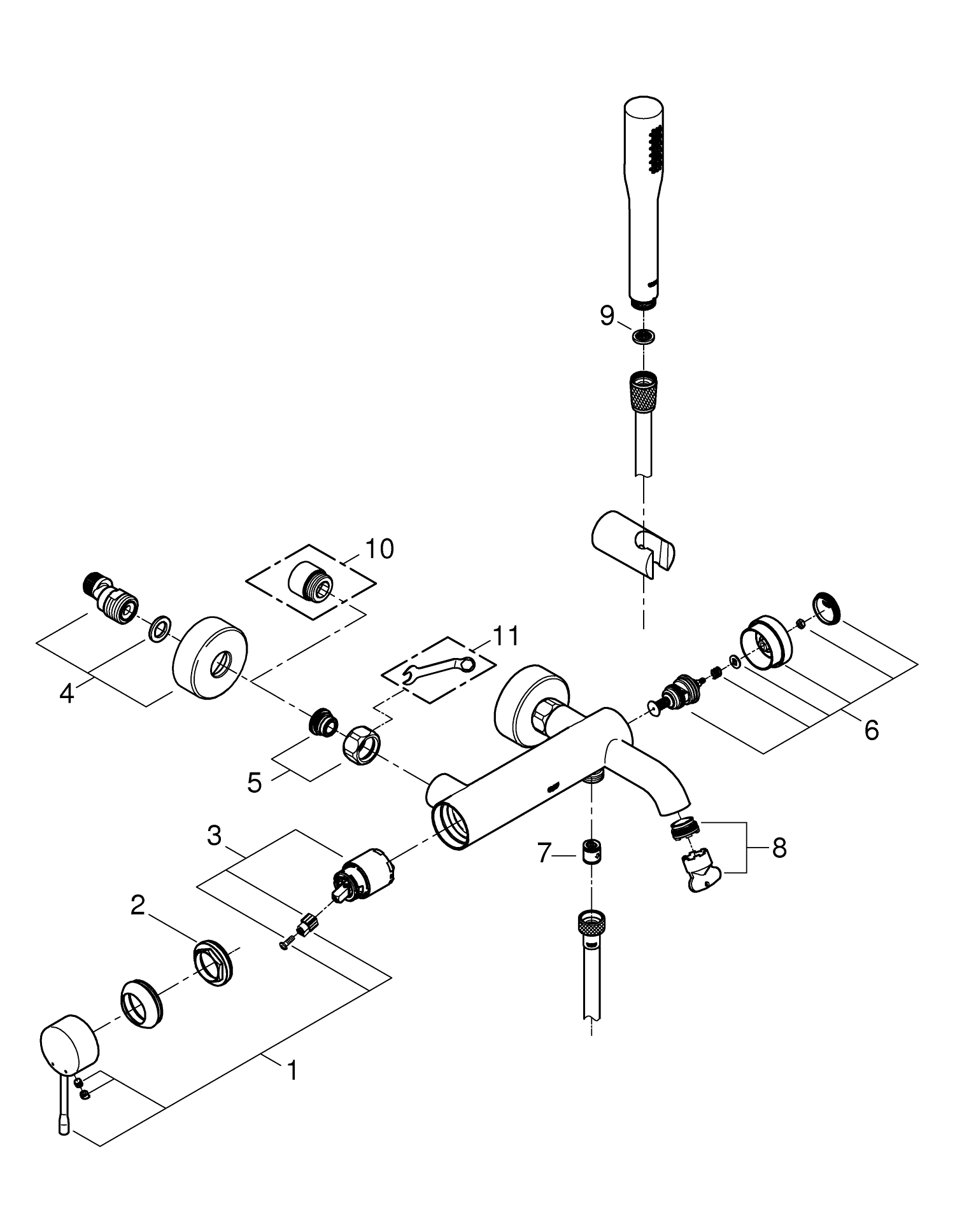 Set baterie cada Grohe 25249001, 1 bar, 36 mm, 1.5 m, 298 mm, 193 mm, 2 orificii instalare, 1 functii para dus, Crom