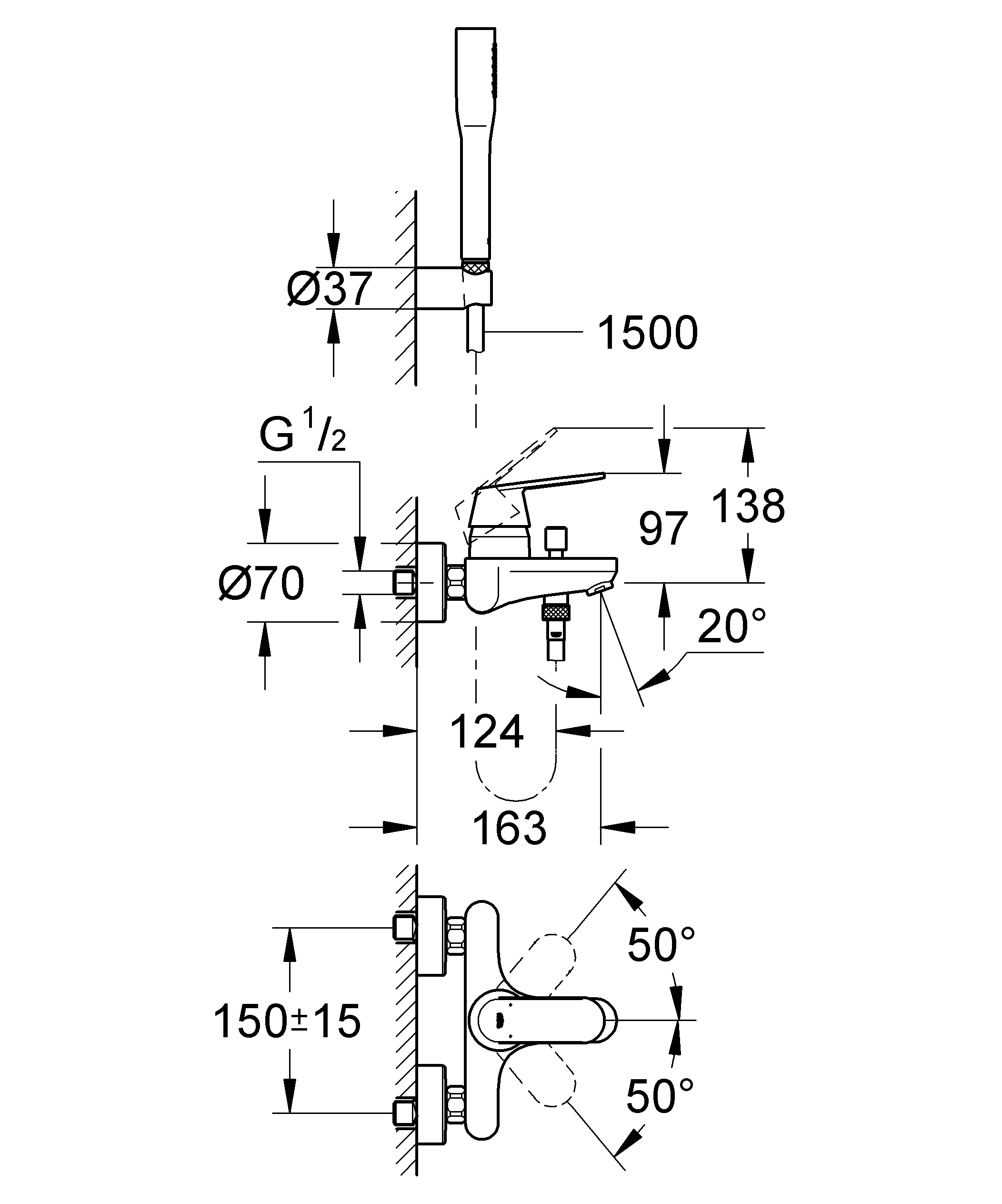 Set baterie cada Grohe 32832000, 124 mm, 1 bar, 65 mm, 1.5 m, 210 mm, 163 mm, 39 mm, 2 orificii instalare, Crom