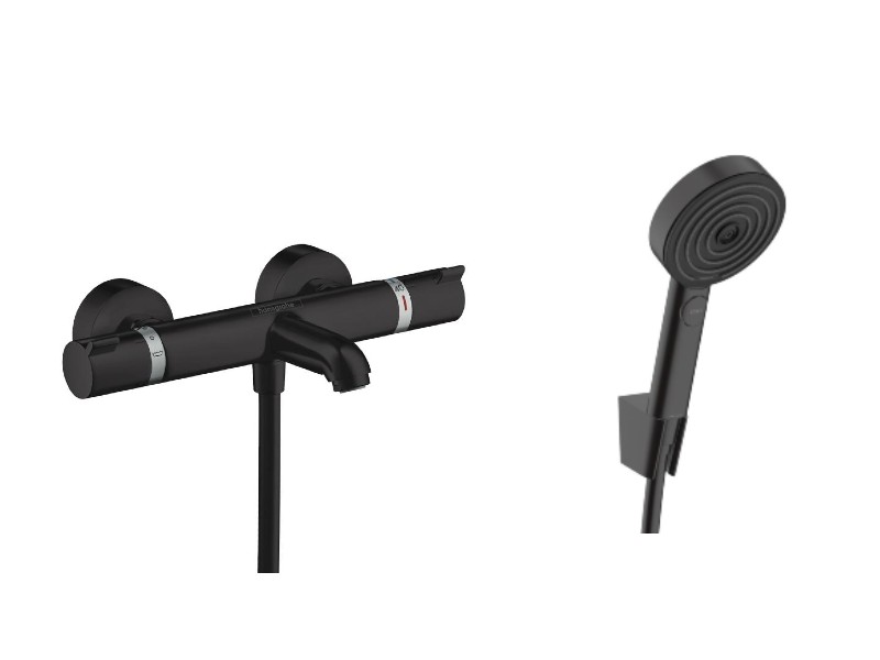 Hansgrohe Set baterie cada hansgrohe ecostat 13114670, 1/2'', aparenta, termostat, diverter, 3 pulverizari, 1.6 m, suport, mart,