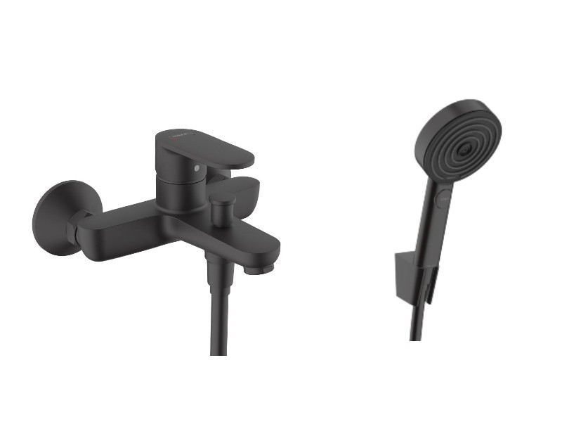 Hansgrohe Set baterie cada hansgrohe vernis blend 71440670, 1/2'', aparenta, diverter, 3 pulverizari, 1.6 m, suport, mart, negru