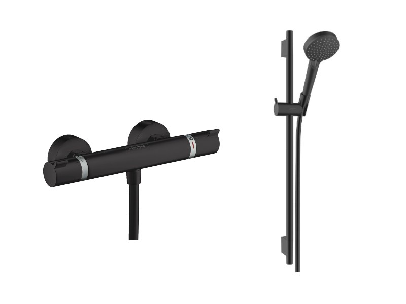 Hansgrohe Set baterie de dus hansgrohe ecostat 13116670, 1/2'', aparenta, termostat, bara de dus, 650 mm, 2 pulverizari, mat,