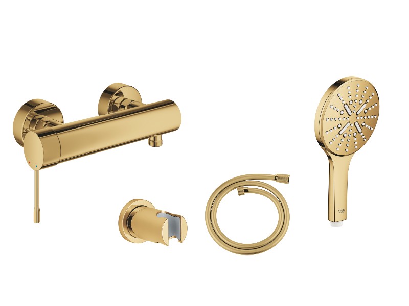 Grohe Set baterie dus grohe essence 25252gl1, 1/2'', aparenta, monocomanda, set de dus, 3 pulverizari, anti-calcar, lucios, auriu