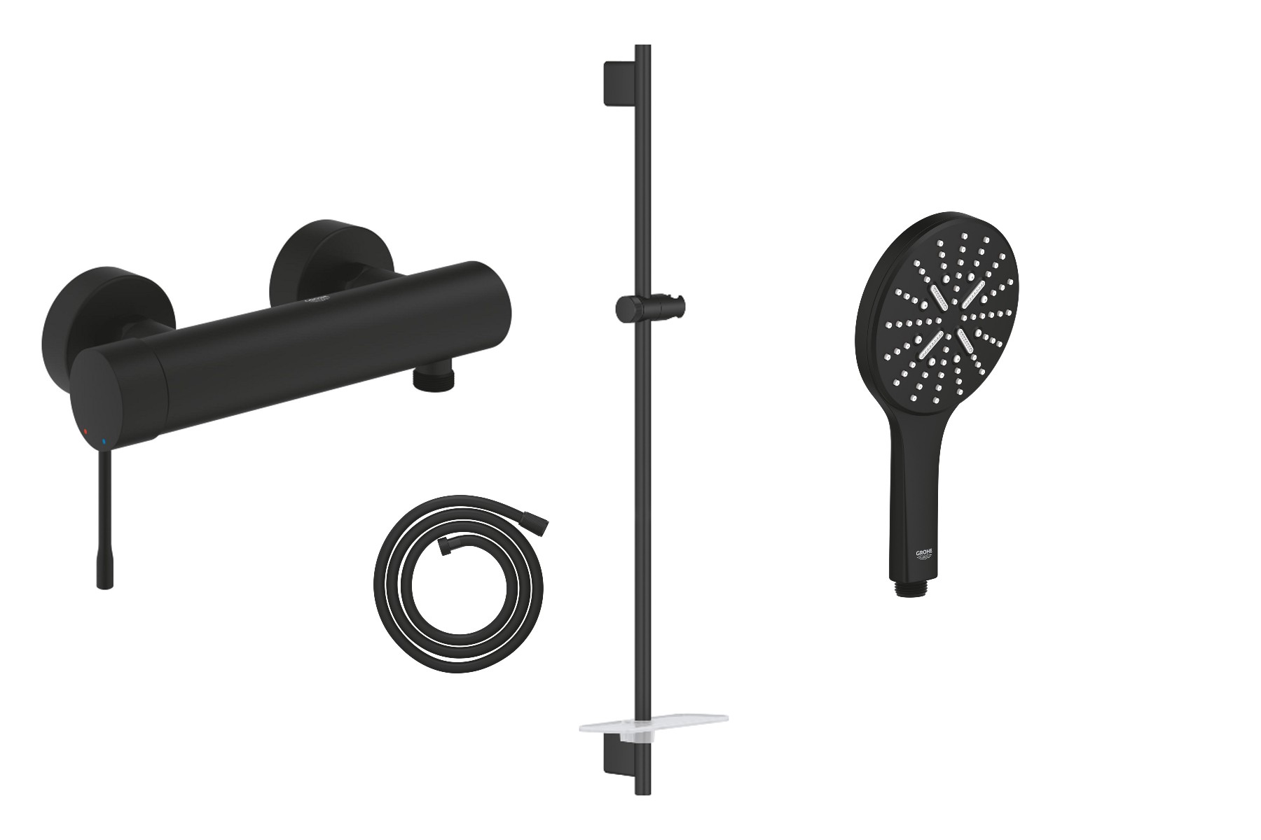 Grohe Set baterie dus grohe essence 25252kf1, 1/2'', aparenta, bara dus, 900 mm, 3 pulverizari, anti-calcar, mat, negru