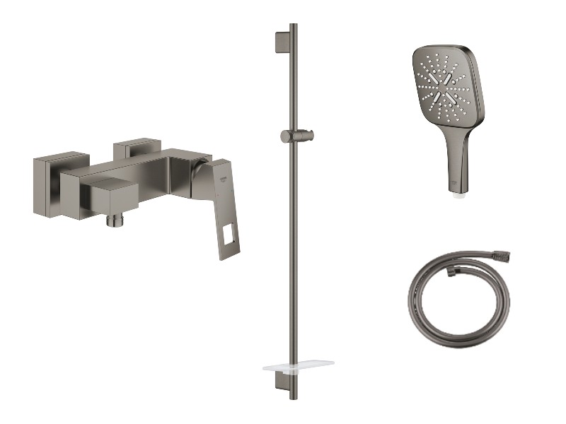 Grohe Set baterie dus grohe eurocube 23145al0, 1/2'', monocomanda, coloana dus, 1.25 m, 3 pulverizari, etajera, mat, grafit