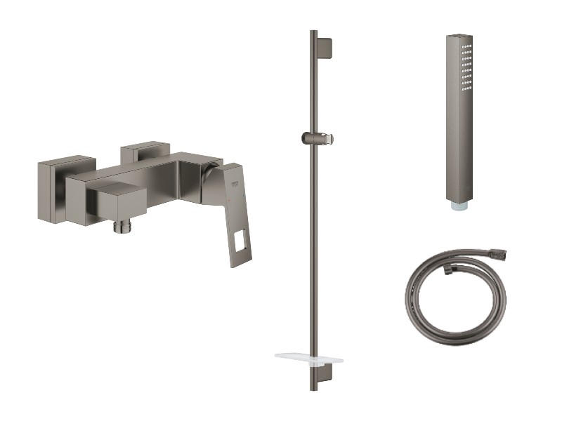 Grohe Set baterie dus grohe eurocube 23145al0, 1/2'', monocomanda, coloana dus, 1.25 m, 1 pulverizare, etajera, mat, grafit