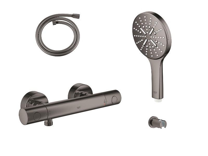 Grohe Set baterie dus grohe grohtherm 100 34065a02, 1/2'', termostat, anti-oparire, set dus, smartactive, lucios, grafit