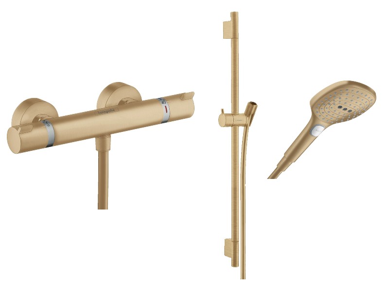 Hansgrohe Set baterie dus hansgrohe ecostat 13116140, 1/2'', termostat, anti-oparire, coloana dus, 1.6 m, 3 pulverizari, bronz