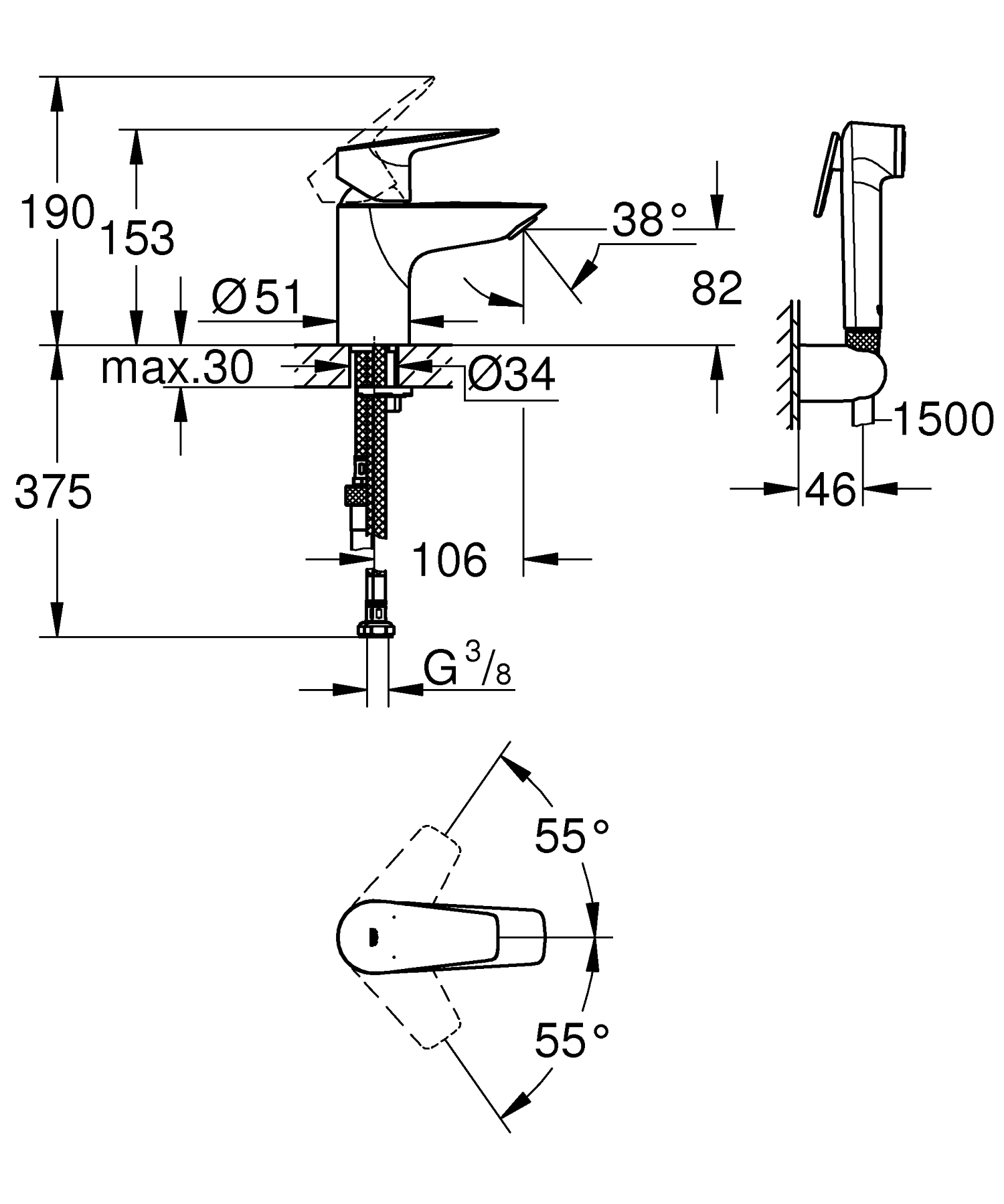 Baterie lavoar cu dus igienic Grohe 23773001, Start Edge, tip comanda 