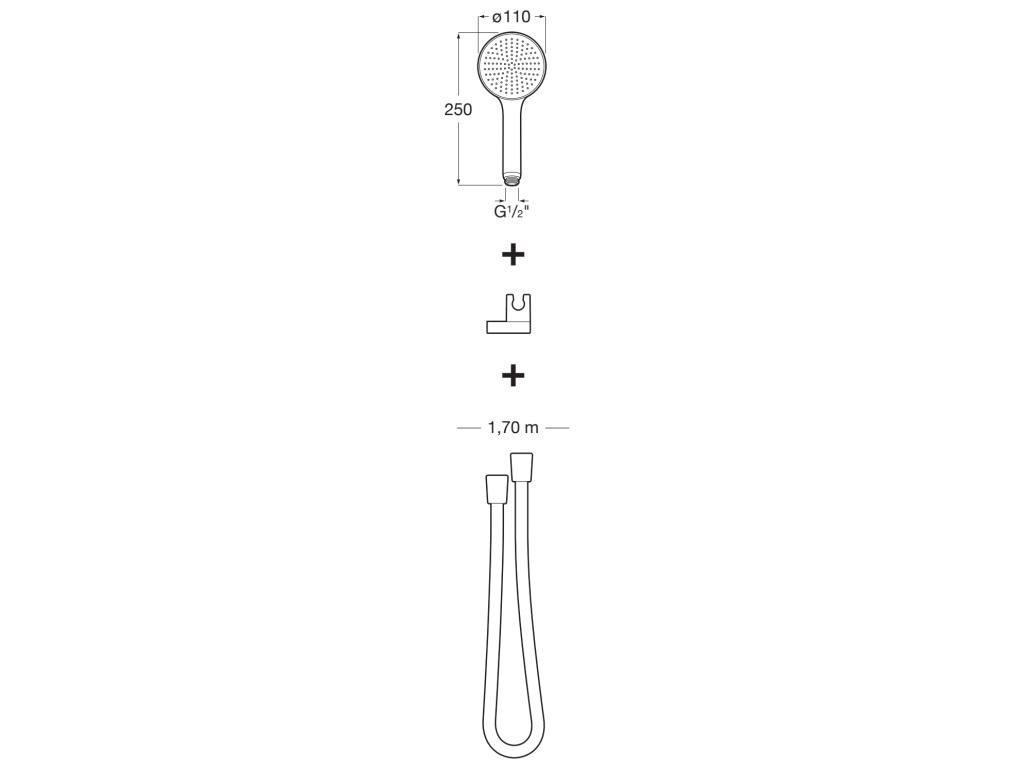 Set para dus Roca A5BCD09C00, 110 mm, 1.7 m, 250 mm, 1 functii, 1/2 racord, sistem anticalcar, universal, Crom